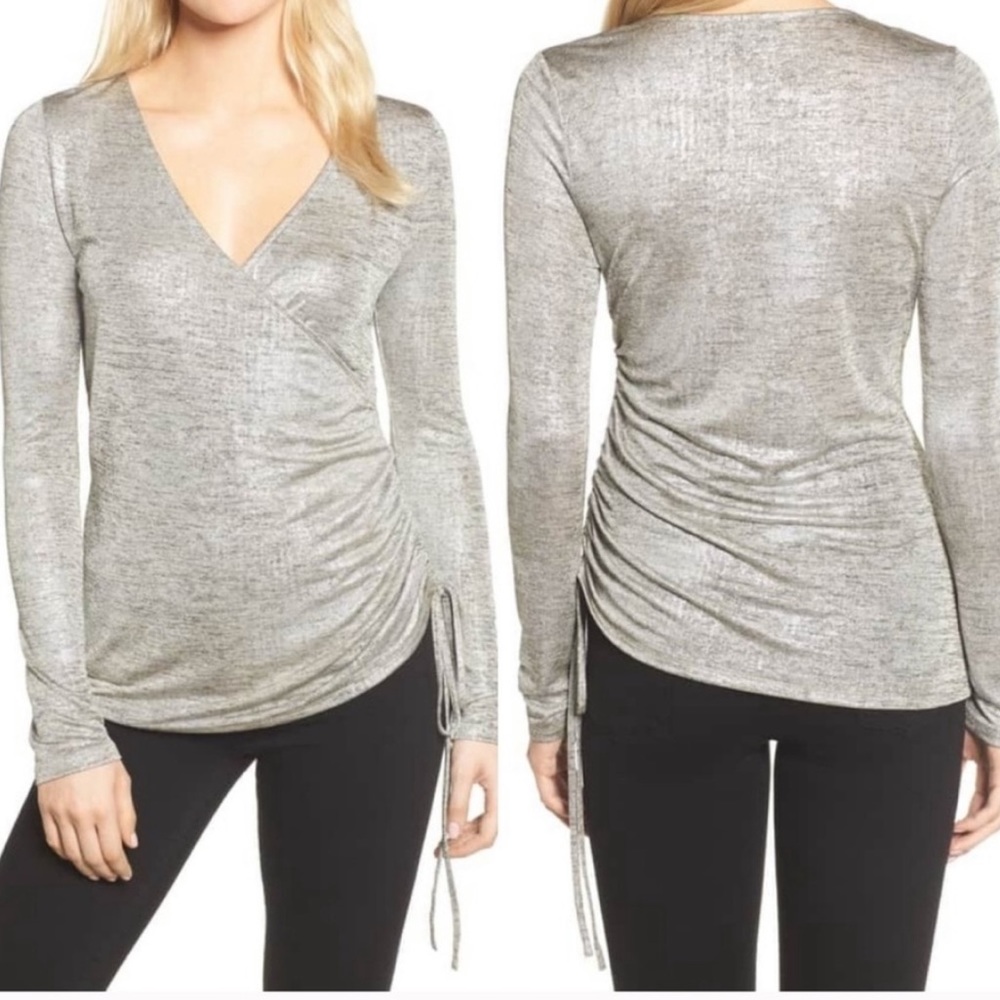 Metallic silver ruched long sleeve blouse TROUVE